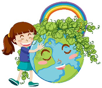 拥抱彩虹白色背景上拥抱大地球的快乐女孩插画