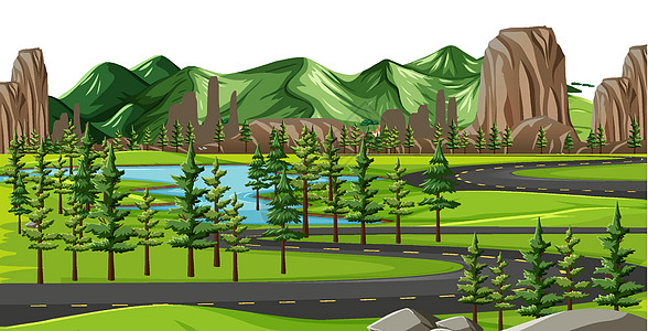 绿色自然景观背景场景液体卡通片卵石植物森林插图天空绘画岩石图片