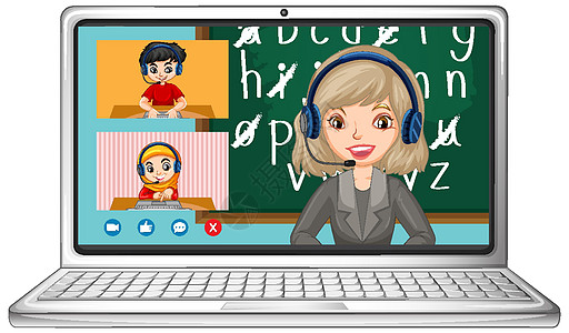 白色背景笔记本电脑上的学生视频聊天在线屏幕国籍教育互联网学习技术朋友们孩子插图网站朋友图片