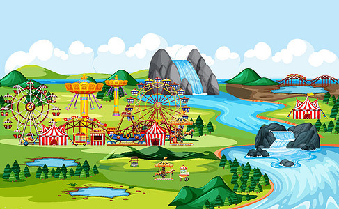 有马戏团和许多游乐设施景观场景的游乐园行动乐趣城堡插图车轮卡通片游乐场过山车活动节日图片