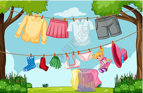 衣服挂在院子里花园衣绳绘画卡通片艺术风景洗衣店烘干裤子裙子图片
