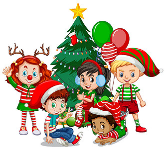 孩子们穿着圣诞服装卡通人物 白色背景上有圣诞树驯鹿享受吉祥物小精灵基督气球孩子动物卡通片快乐图片