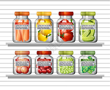 不同罐子里的不同蔬菜和墙上架子上的罐头食品健康豆子店铺插图黄瓜艺术货架食物夹子烹饪图片
