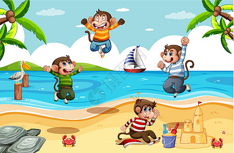 四只小猴子在沙滩上跳跃的场景图片