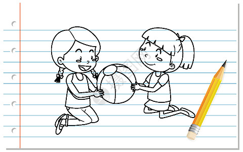 两个女孩打球大纲的手写插图孩子圆圈教育女性团体学习青年女士笔记本图片