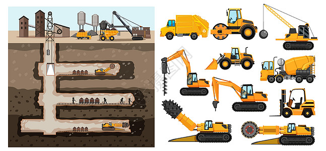 不同类型工程车的采煤场景卡车环境太阳橙子插图绘画艺术夹子时间日落背景图片