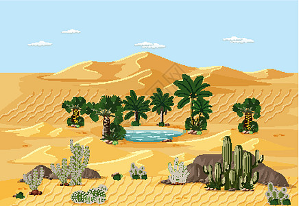 沙漠景观与自然树元素场景旅行卡通片天气干旱土地插图冒险环境天空风景图片