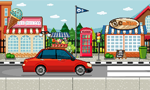 街边场景 街景上有冰淇淋店 咖啡店和红色汽车图片