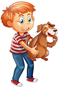 男孩和一只狗一起玩 被白色背景隔离小狗队友卡通片夹子友谊享受快乐孩子犬类娱乐图片