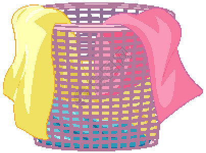 白色背景上带衣服的洗衣篮黄色篮子家务毛巾卫生清洁工绘画蓝色粉色艺术图片