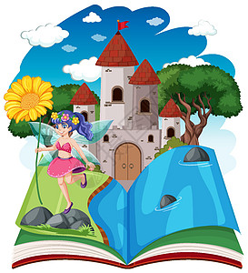 白色背景上弹出书卡通风格的童话故事和城堡塔场景植物堡垒民间装饰框架卡通片童年庆典孩子图片