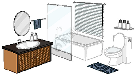 孤立在白色背景上的浴室家具房间洗手间住宅房子浴缸绘画设施梳妆台等距艺术图片