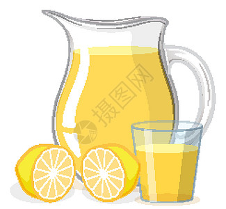 玻璃杯中的柠檬汁和白色背景上的水罐图片