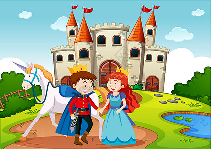 童话世界场景中的王子和公主生物孩子动物王国评书环境插图故事城堡风景图片