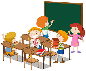 白色背景上有课堂元素的学生友谊孩子插图幼儿园青年卡通片童年老师情感房间图片