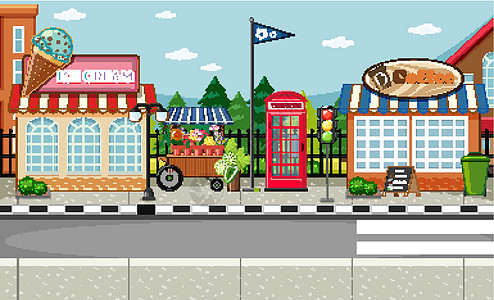 有冰淇淋店和咖啡店场景的街景卡通片艺术城市运输建筑风景咖啡电话插图店铺图片
