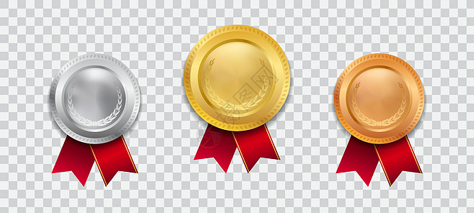 荣誉勋章逼真的 3d 冠军金牌与红丝带矢量它制作图案勋章青铜庆典标签竞赛胜利比赛证书领导者成就插画