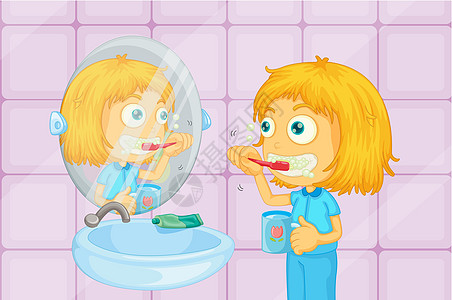 刷牙房间牙齿女孩镜子瓷砖卫生金发女郎刷子蓝色健康图片