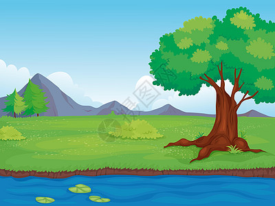 河农村景观太阳流动卡通片阳光场地松树地平线溪流草地场景设计图片