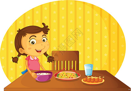 在家帮忙女孩盘子微笑玻璃桌子插图孩子们早餐椅子食物图片