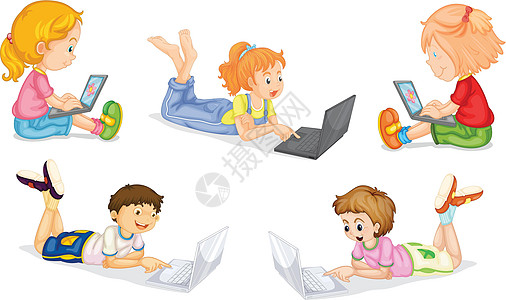 带笔记本电脑的孩子男人女性团体头发男性金色乐趣监视器技术女孩图片