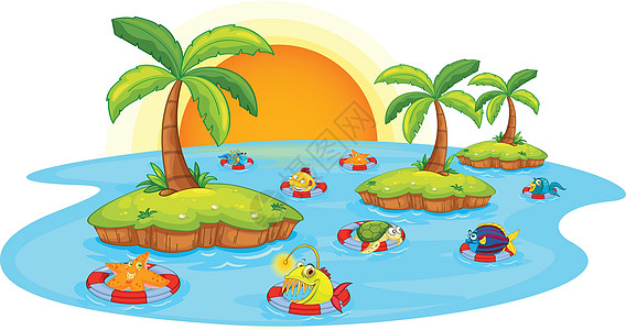 池塘里的鱼海滩荒野草图动物绿色日落游泳棕榈空格处树木图片