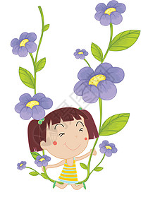 花存在登山者爬行者女孩喇叭花树叶微笑紫色女性花朵剪贴背景图片
