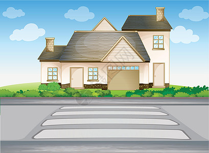 房子和斑马线卡通片白色天空农场建筑植物材料草图蓝色树木背景图片