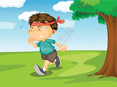 一个男孩在外面跑男人场地出汗孩子们赛跑者蓝色公园红带植物卡通片图片