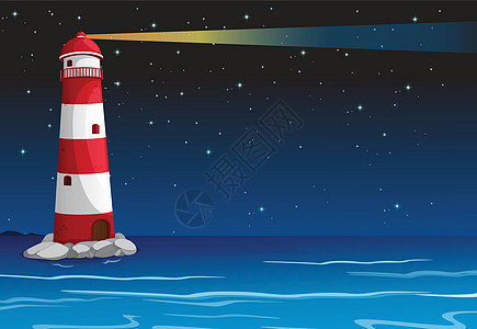 黑夜中的灯塔光束阳光海岸指导蓝色射线绘画场景岩石天空图片