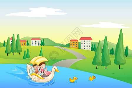 一条河和孩子风景鸭子男性池塘孩子们农场女孩建筑灌木植物图片