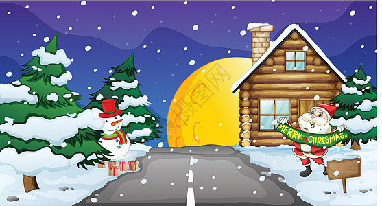 圣诞老人和雪人植物太阳成人男人房子天空享受卡通片月亮降雪图片