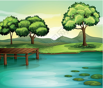 河流蓝色溪流天空板凳绘画衬套木头荷花风景丛林图片