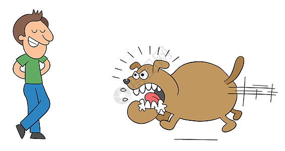 卡通愤怒和巨大的狗跑去咬那个人 但这个人并不害怕它制作图案矢量剪贴行动手绘动物牙齿犬类插图危险侵略绘画图片