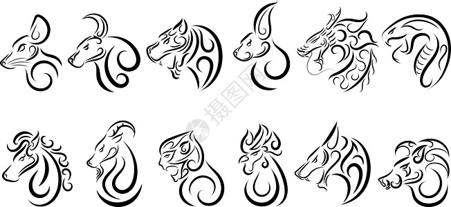 一套十二生肖星座符号 概念中国新年快乐 十二种动物的线条艺术矢量图老鼠日历兔子文化公鸡月球老虎插图山羊八字图片