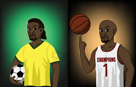 足球和篮球运动员优胜者比赛男人锦标赛微笑旋转插图绘画玩家游戏图片