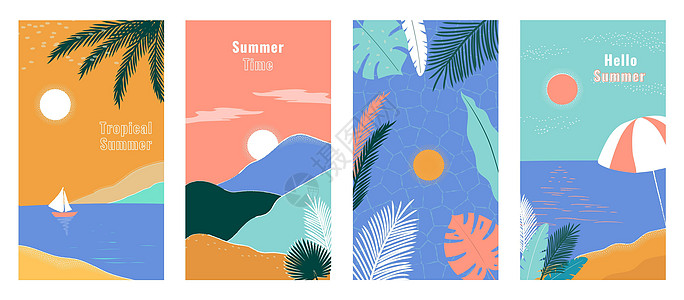 社交媒体故事设计模板背景与文本复制空间 和广告的夏季风景背景 与棕榈和海的暑假概念图片