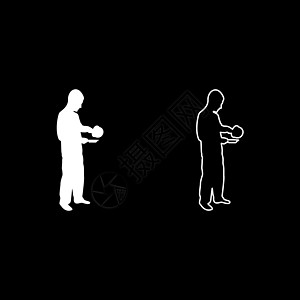 男性烹饪用盐水浇在板状双光灯白色颜色矢量显示的固体轮廓风格图像中 倒在盘子上的水杯汁餐饮餐厅菜单厨房钢包服务碟子长椅食谱沙锅图片