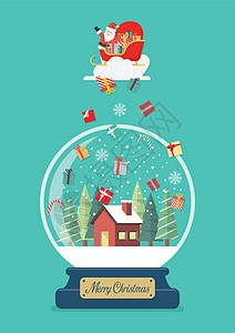 圣诞快乐的玻璃舞会 圣诞老人在雪橇上 礼物盒掉落到冬房图片