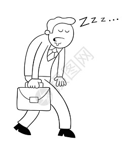 卡通商务人士一边走路一边上班和睡觉矢量图解寝具枕头睡眠就寝艺术男人男性剪贴疲劳苏醒图片