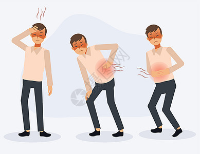 一个男人身体不同部位的疼痛 一个男人生病了 背痛 头痛 胃痛 平面矢量卡通人物插图图片