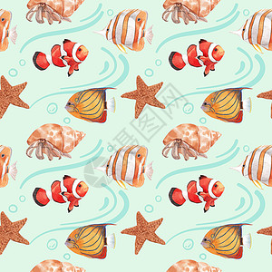 海洋生命概念设计水彩色矢量插图的格局卡通片热带海马乐趣章鱼海藻动物螃蟹水彩海蜇图片