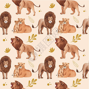 与热带草原野生生物概念设计水彩色插图的无缝模式野猪丛林狮子犀牛水彩动物群河马大猫野猫狒狒图片