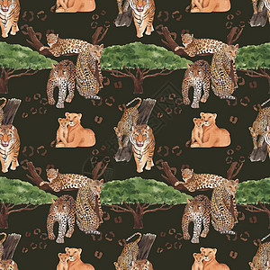 与热带草原野生生物概念设计水彩色插图的无缝模式野猪水彩野猫斑马狒狒哺乳动物动物水牛狮子丛林图片