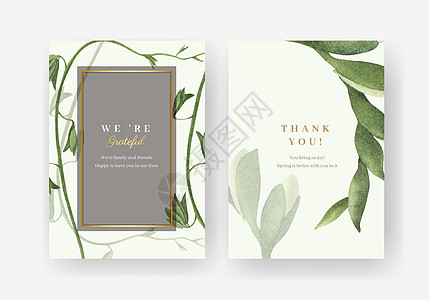 感谢您用春季亮明概念设计水彩色插图的纸牌模板营销植物花束海葵邀请函水彩女性化叶子绿色卡片图片