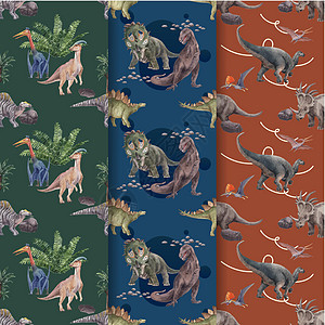 带有恐龙概念 水彩色风格的无缝模板模式吉祥物哺乳动物野生动物博物馆绘画热带世界水彩动物插图图片