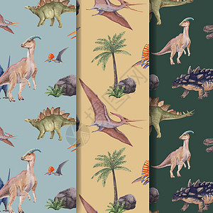 带有恐龙概念 水彩色风格的无缝模板模式动物博物馆插图侏罗纪野生动物绘画吉祥物水彩动物园营销图片