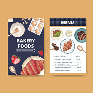 带有羊角面包概念 水彩色风格的菜单模板食物广告插图营销甜点水彩新月脆皮巧克力咖啡店图片