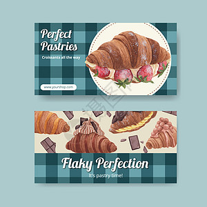 带有羊角面包概念 水彩色风格的Twitter模板巧克力糕点水彩蛋糕小吃餐厅脆皮互联网新月媒体图片