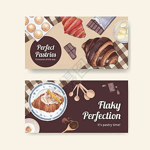 带有羊角面包概念 水彩色风格的Twitter模板蛋糕巧克力社交脆皮小吃包子社区互联网媒体午餐图片